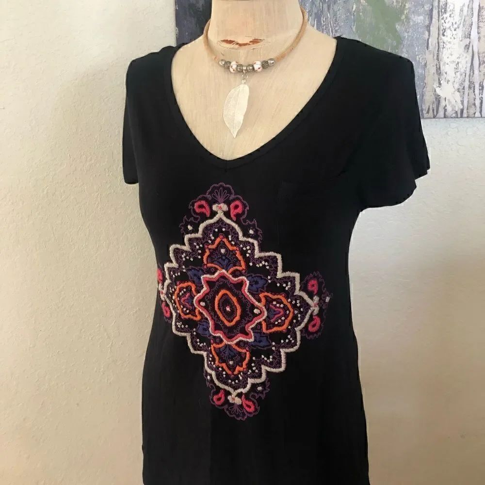 STETSON Embroidered Multicolored Mandala Black Short Sleeve T-Shirt